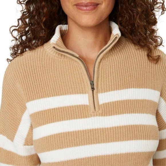 LAND'S END NWT Quarter Zip Striped Sweater Tan White Size XL Chunky Heavyweight - Picture 2 of 11